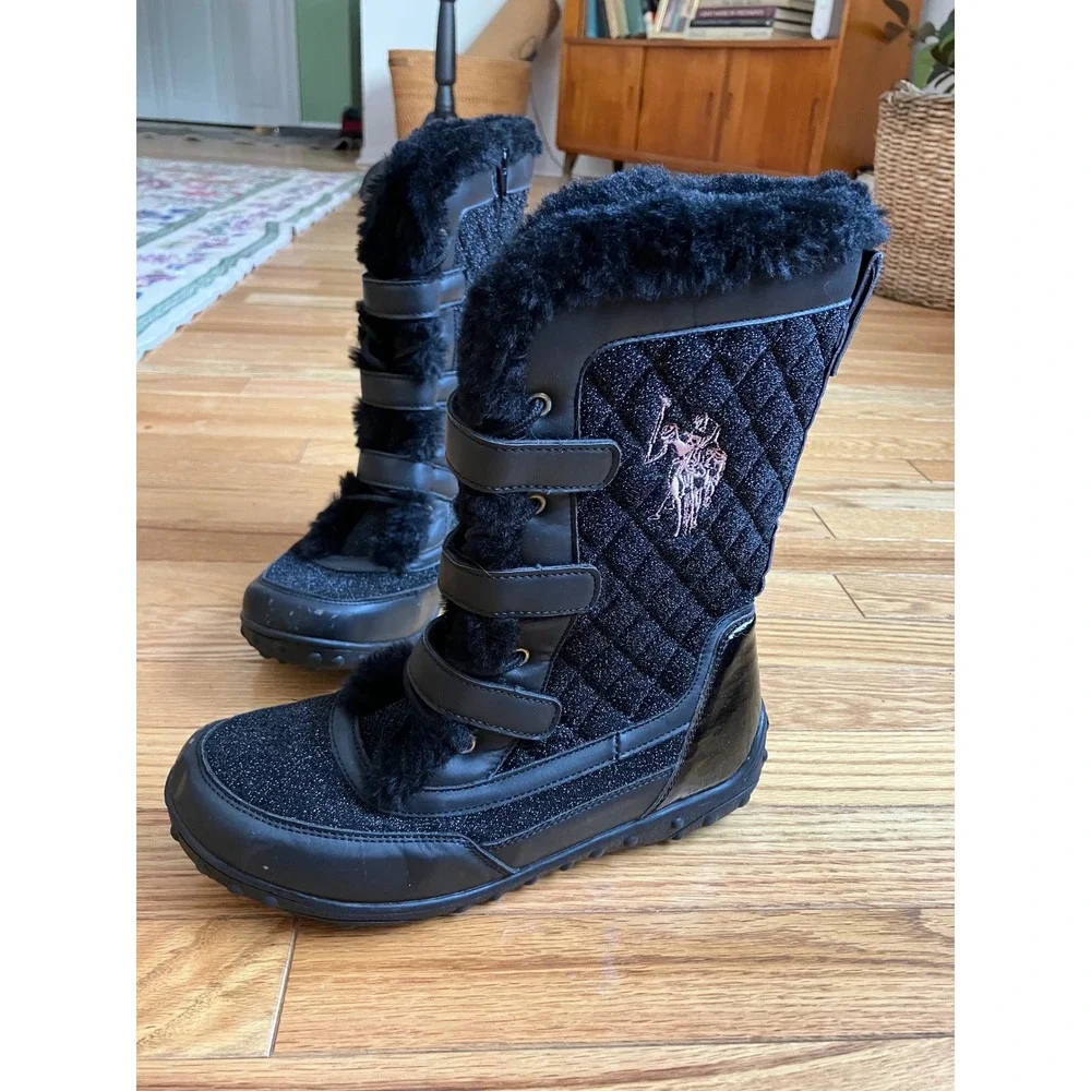 US Polo Assn Black Glitter‎ Quilted Fur Trim Winter Snow Boots Girls Size 6 Logo